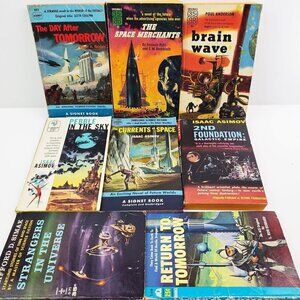 Sci-Fi 8 Paperback Book Lot 1950s Simak, Asimov, Kornbluth, Heinlein, Hubbard